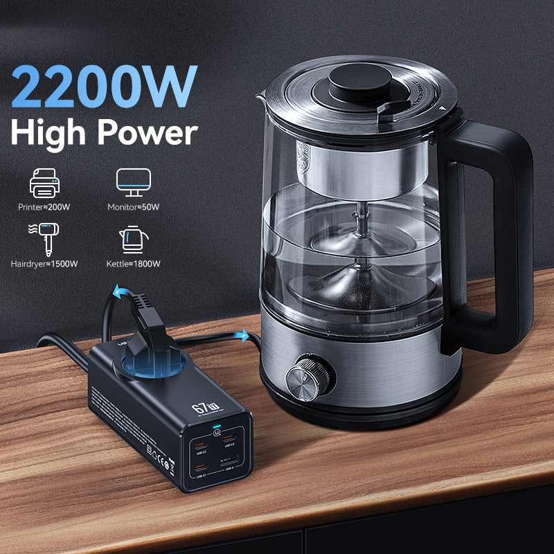 67W 4-port Fast Charging Adapter 3 Type-C+1 USB Socket with Extension Cable 2200W (EU Plug) 67W 4-port Fast Charging Adapter 3 Type-C+1 USB Socket with Extension Cable 2200W (EU Plug)